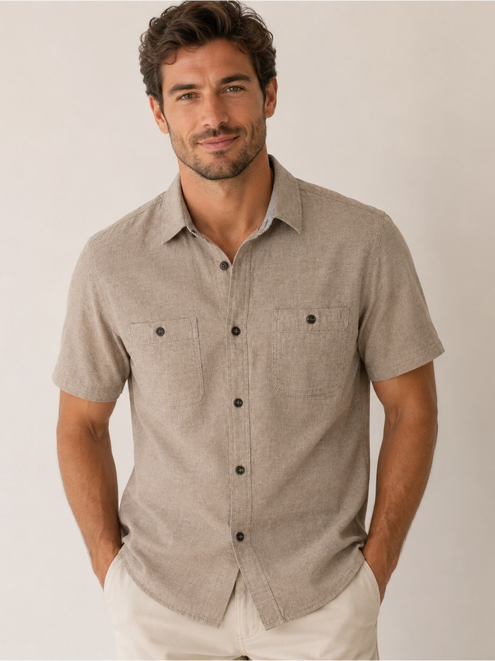 Point Zero Linen Blend Short Sleeve Button-Down Shirt Beige Tan Size Large